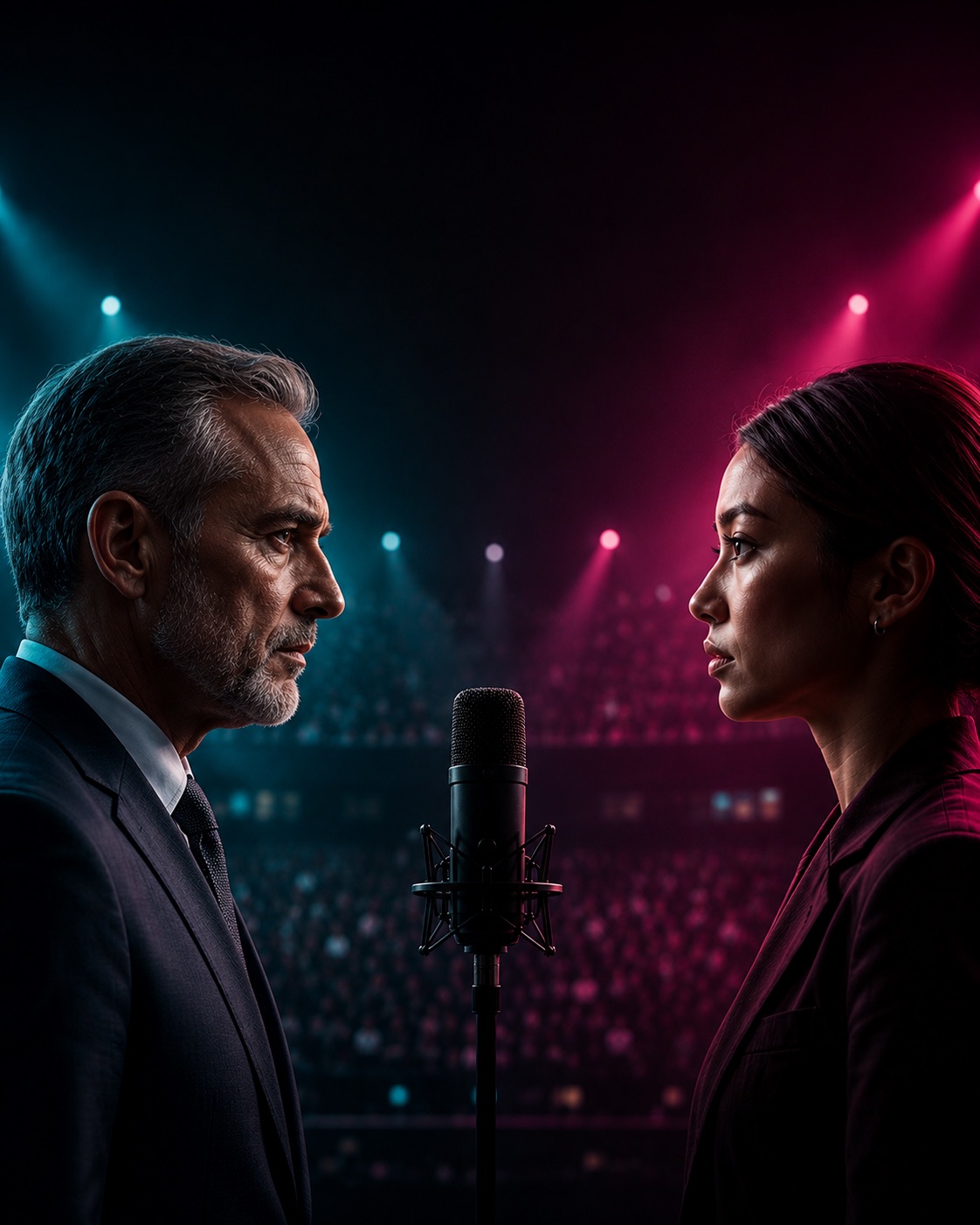 Two debaters face off across a microphone in the Moral Kombat arena, one side lit teal, the other magenta, before a live crowd